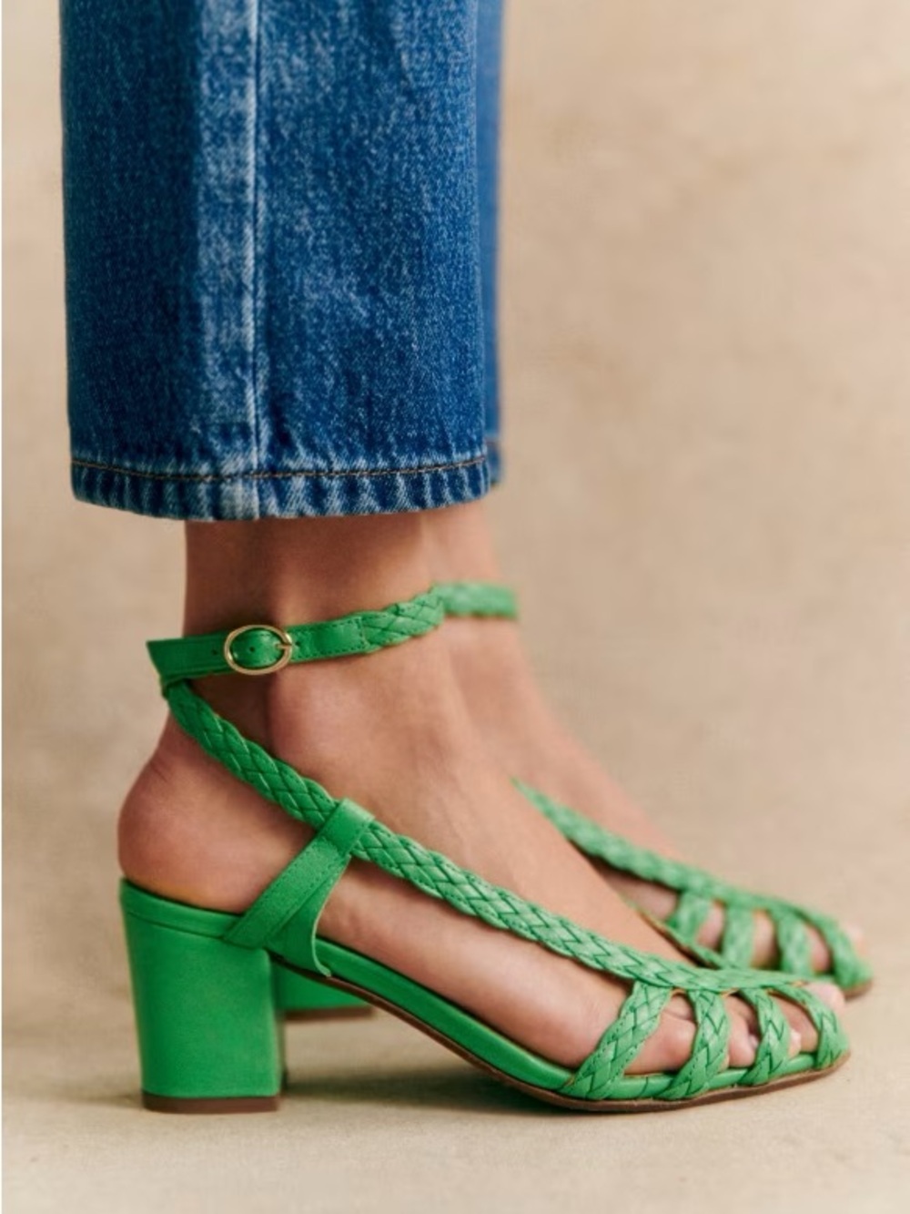 Sezane Bright Green Woven Leather Natacha Sandals 8 / 39 NWOB